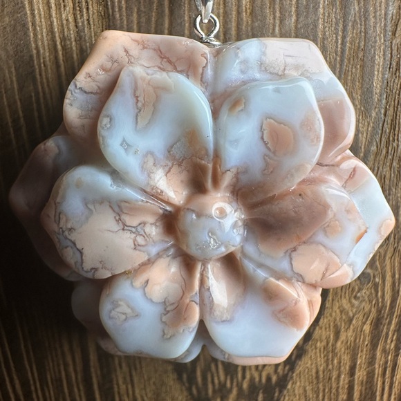 Pink Agate (“Cotton Candy Agate”) Flower Pendant on Stainless Steel Chain - Picture 11 of 14